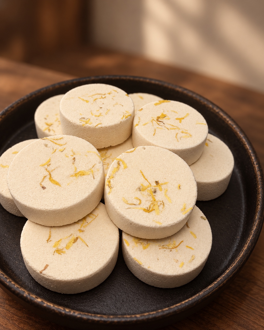 Cream-colored Golden Focus shower steamer discs with golden botanical petals on a dark tray